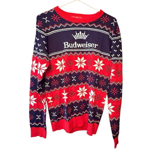 Budweiser Beer Ugly Christmas Sweater Blue Red Medium M Holiday Fair Isle Bud Ne - Picture 3 of 6